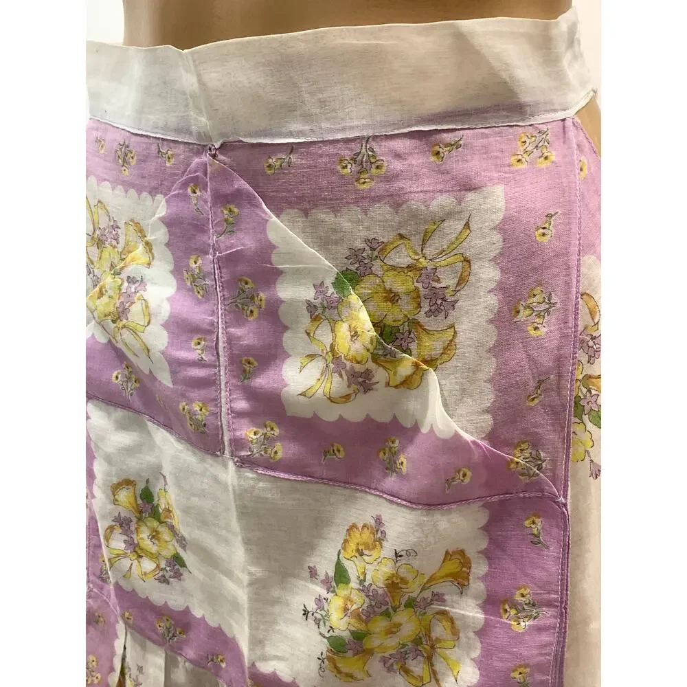 Vintage 50s Lilac Floral Hankie Apron Handmade Sheer Hostess Tea Apron